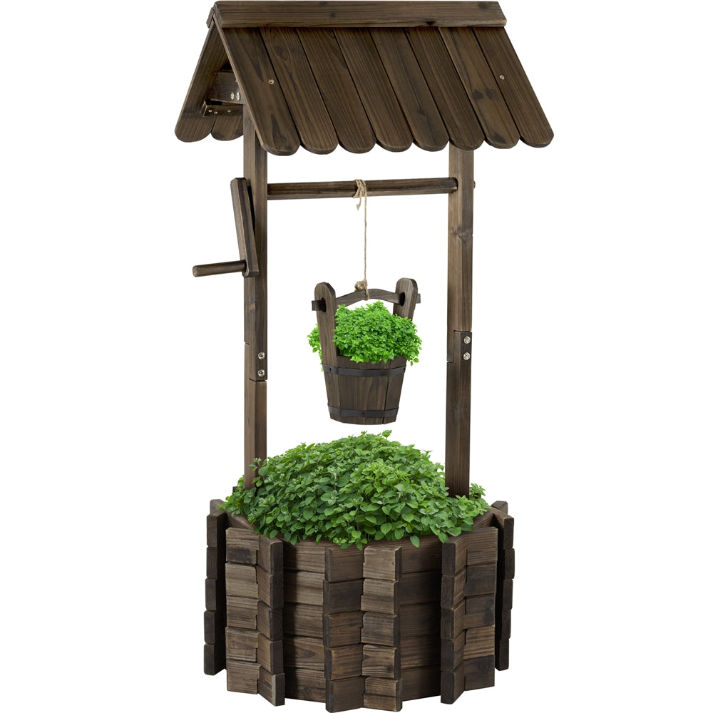 Yaheetech Wooden Outdoor Wishing Well Planter Floor Standing Planter with Hanging Bucket, Brown