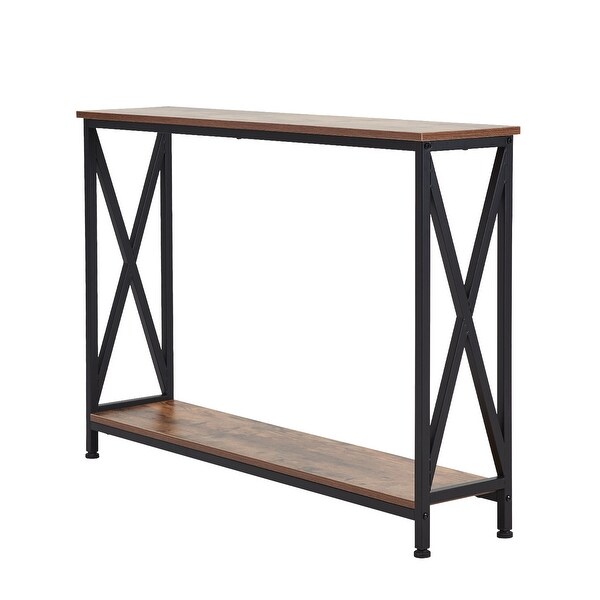 Kinbor Industrial Console Table， X-Design Hallway Table w/ Open Shelf， Rustic Sofa End Table w/ Storage for Entryway Living Room