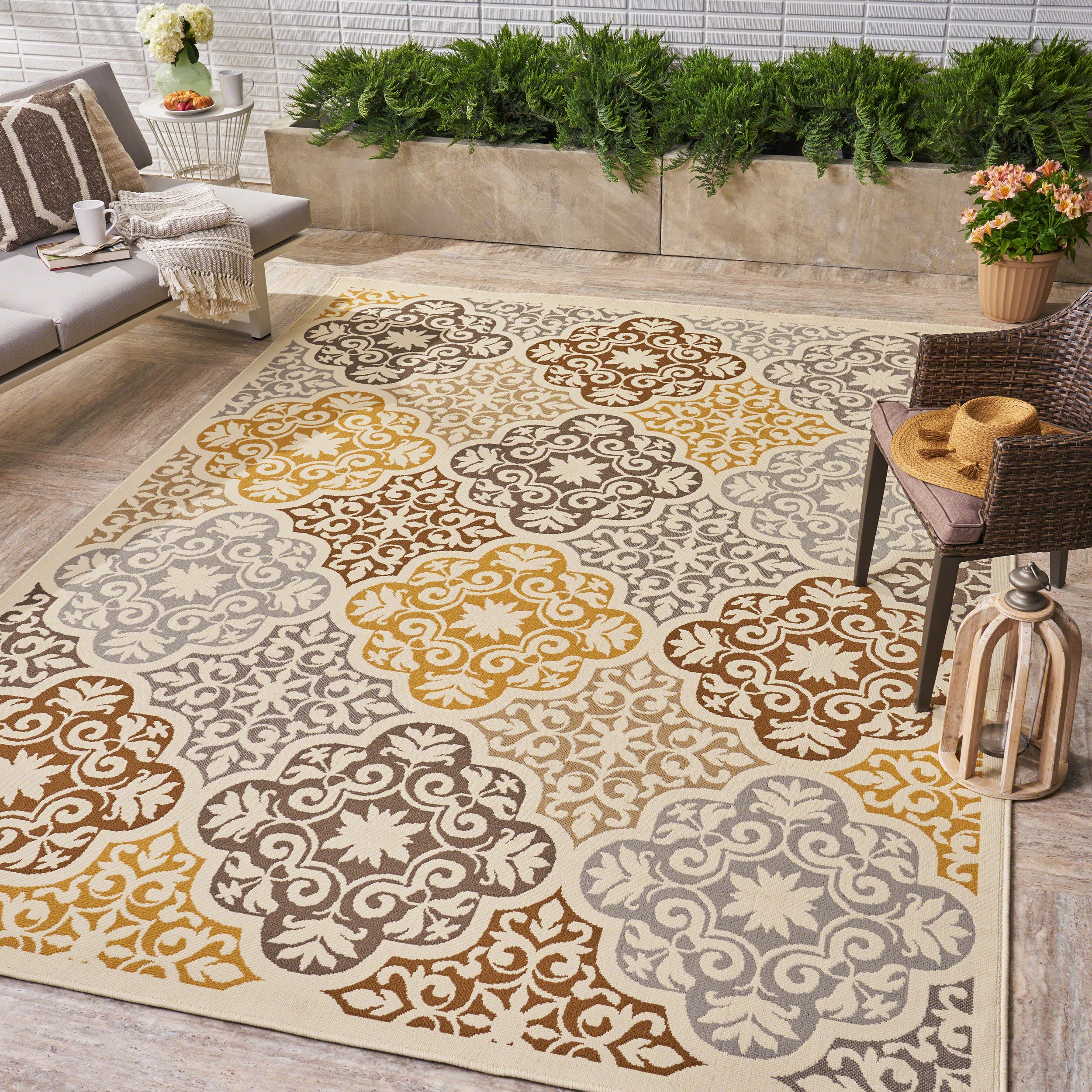 Shelton Outdoor Modern Oriental Quatrefoil Ivory and Gray Rectangular Area Rug