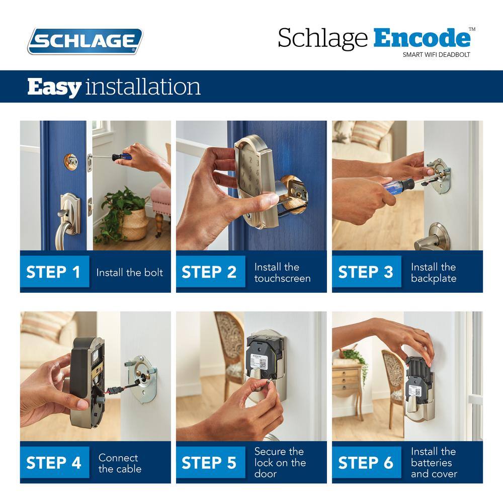 Schlage Century Bright Chrome Electronic Encode Smart WiFi Deadbolt with Alarm BE489WB CEN 625