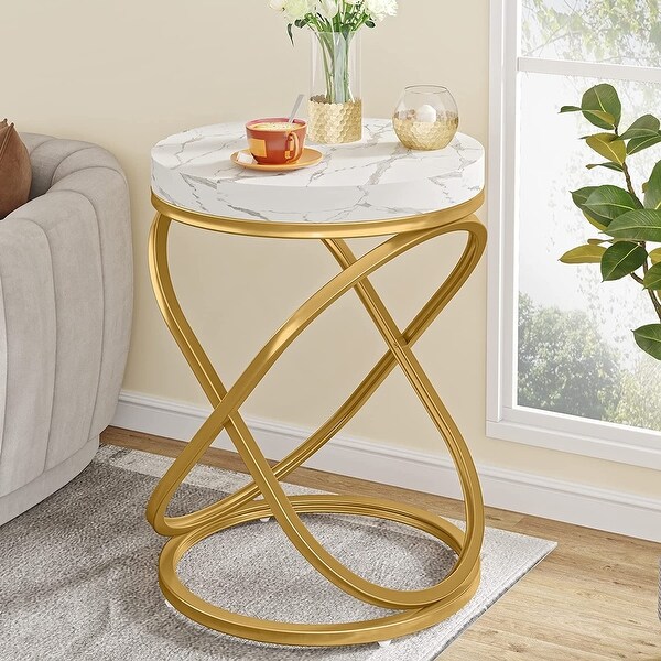 26 Inches White and Gold Faux Marble Top Nightstands Round End Table