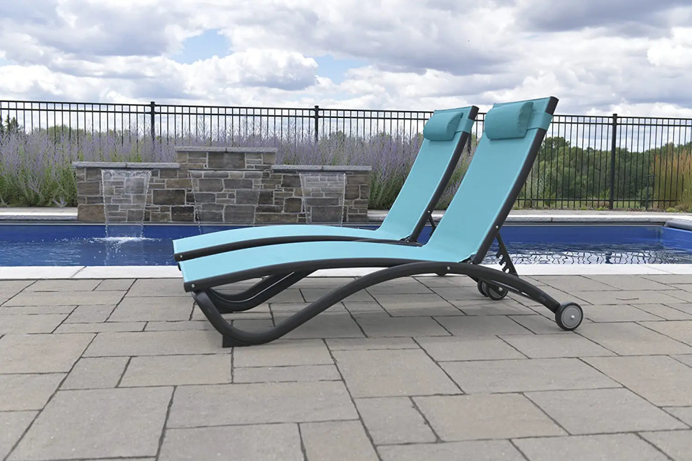 Set of 2 Patio Chaise Lounge  Curved Aluminum Frame With Blue Hawaii Sling Seat   Contemporary   Outdoor Chaise Lounges   by Decor Love  Houzz