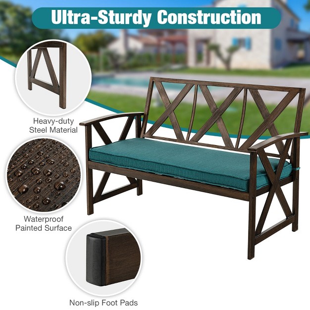 Outdoor Garden Bench Cushioned Patio Chair With Wood Grain Steel Frame