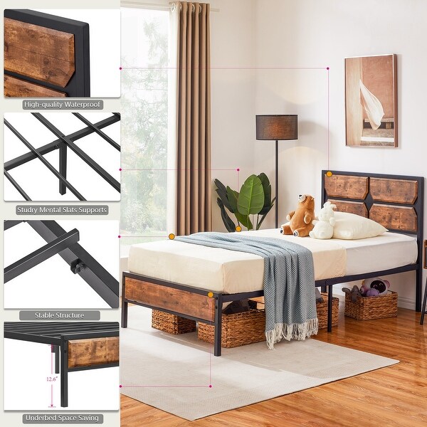 Industrial 3-Piece Platform Bed Frame and Charging Station USB Port Nightstands Set of 2 Rustic Brown - - 36714347