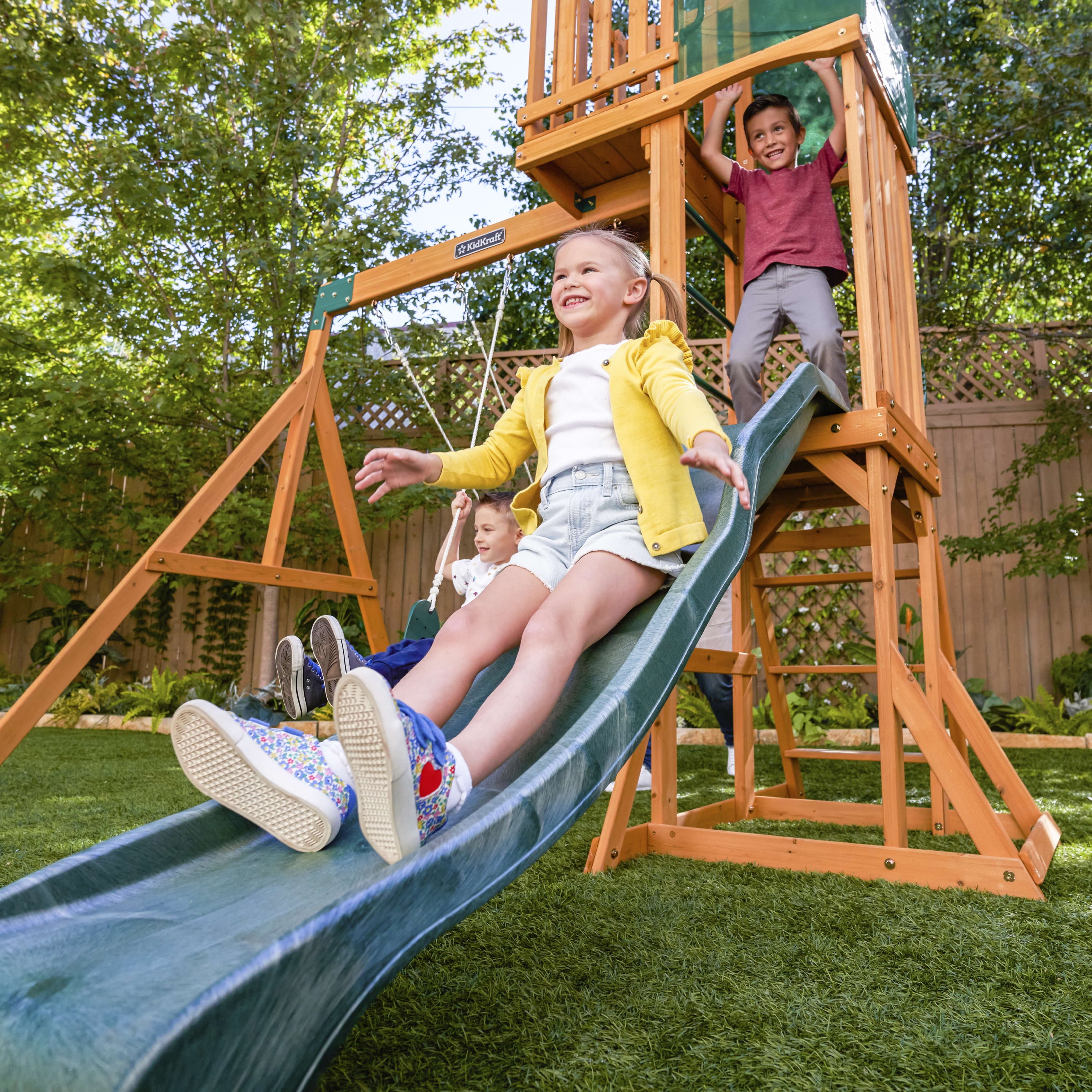 KidKraft Hawk Tower Wooden Swing Set with Slide and 2 Swings