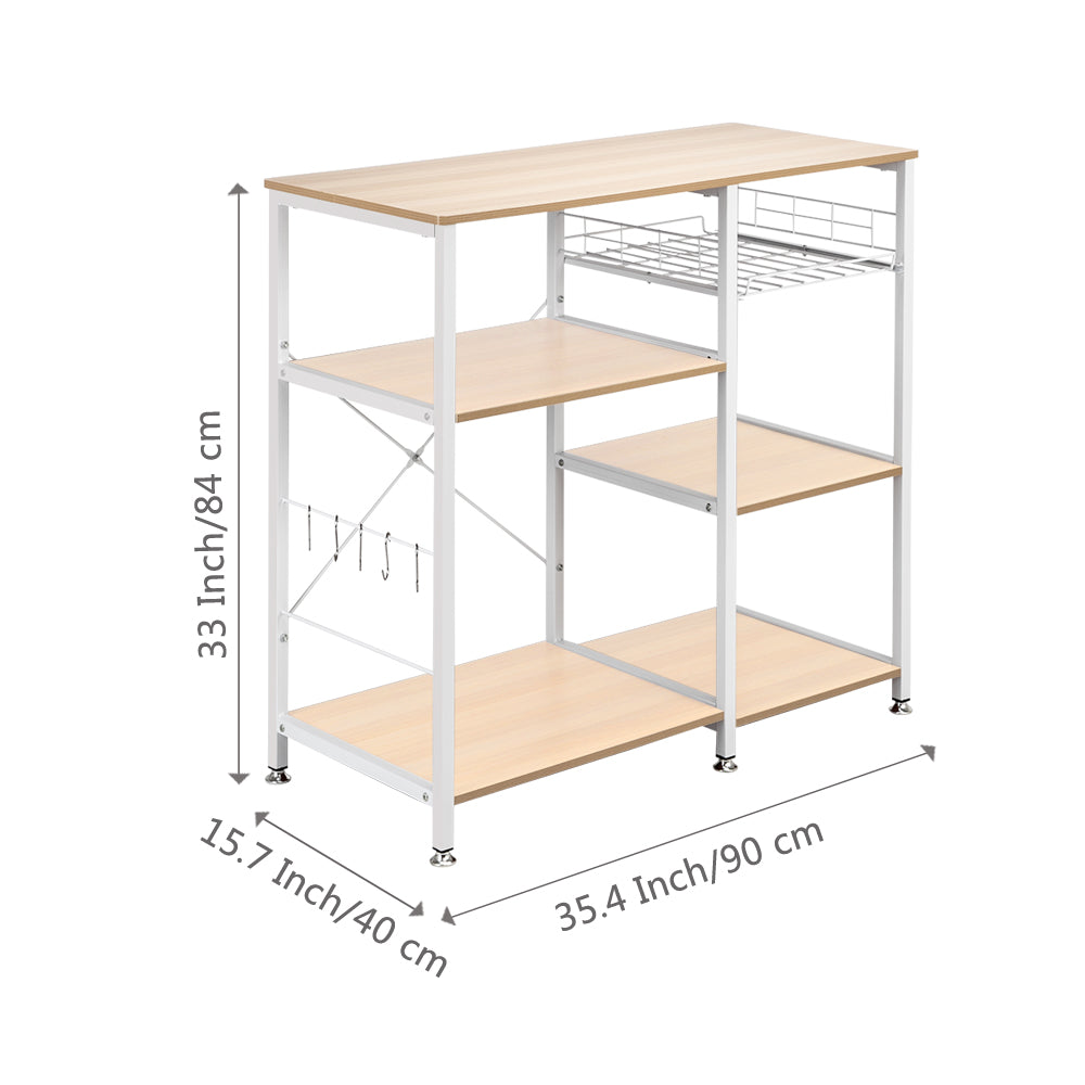 Metal Storage Shelves， Microwave Oven Stand Storage Cart Storage Shelf， X-shaped Metal Shelving with 5 Hanging Hook， Round Corner， Adjustable Feet， Pull-out Basket， 3-Tier Shelves， Natural， Q4502