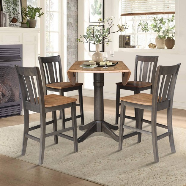 Round Dual Drop Leaf Counter Height Dining Table With 4 Splat Back Stools Hickory washed Coal International Concepts