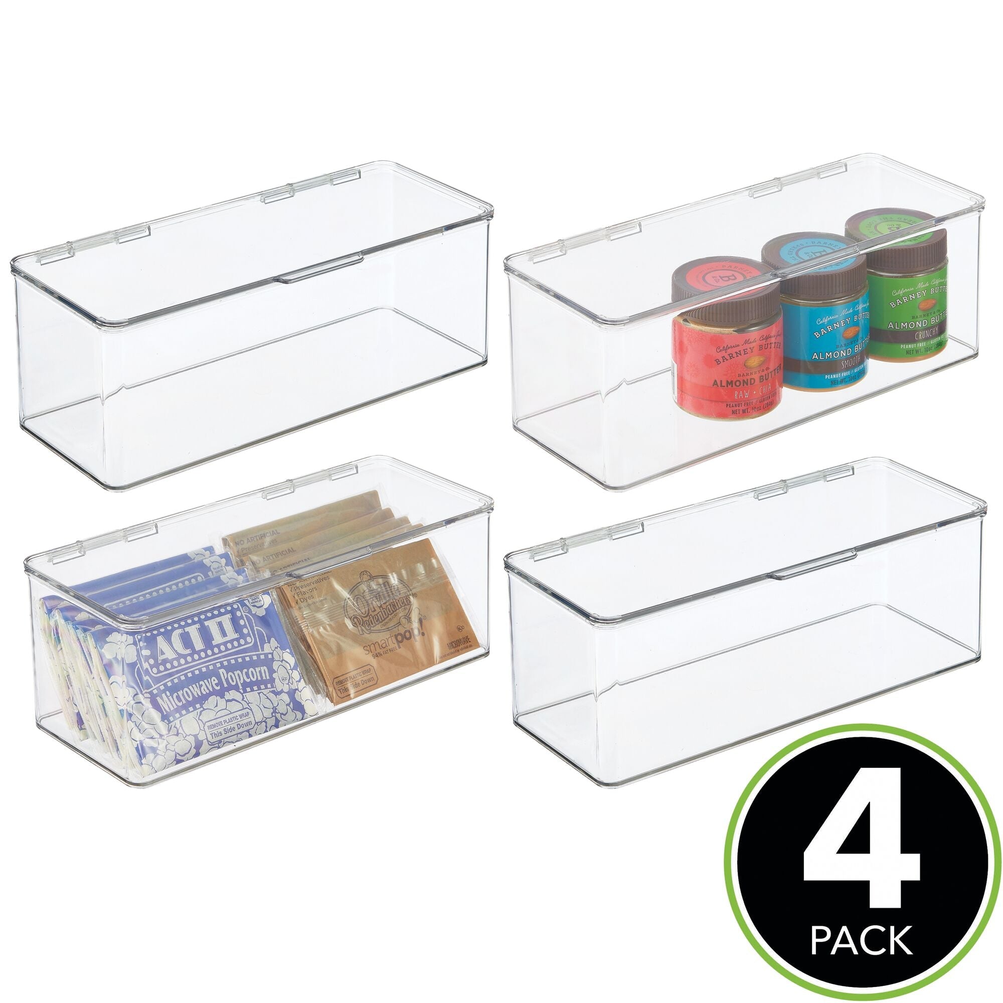 mDesign Stackable Plastic Kitchen Pantry Cabinet/Refrigerator Food Storage Container Box with Lid - Organizer for Packets, Snacks, Produce, Pasta - 4 Pack - Clear