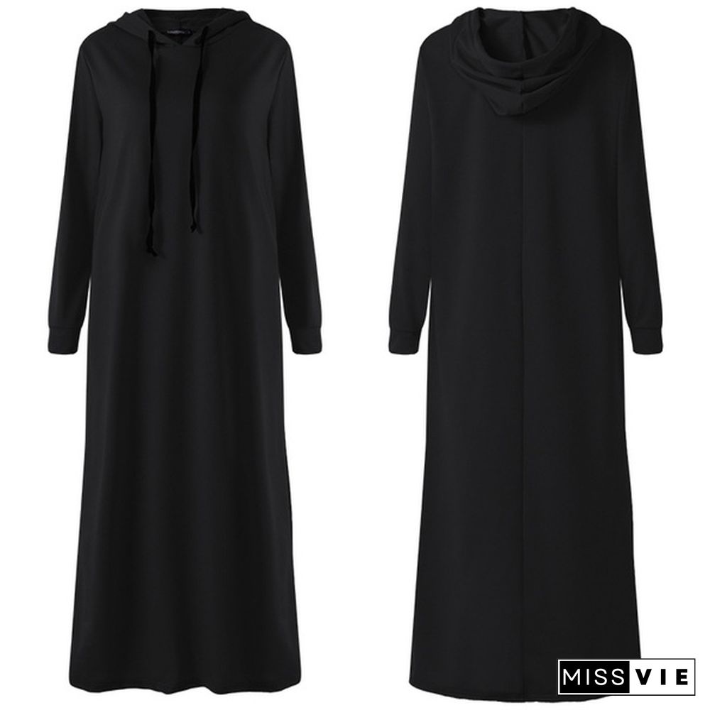 S-5Xl Women Long Hoodie Dress Maxi Long Sleeve Tunic Casual Loose Sweatshirt Dress Party Kaftan Plus Size