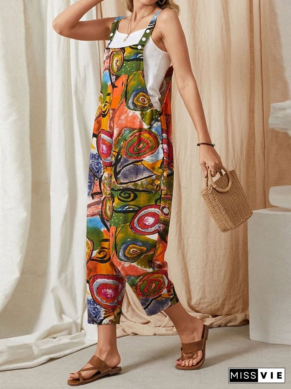 Fashionable Literary Retro Loose Personality Print Jumpsuit