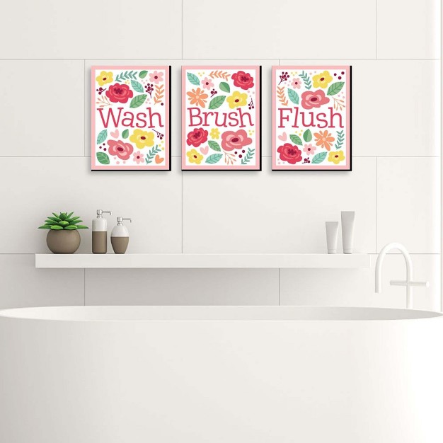 Big Dot Of Happiness Floral Garden Kids Bathroom Rules Wall Art 7 5 X 10 Inches Set Of 3 Signs Wash Brush Flush