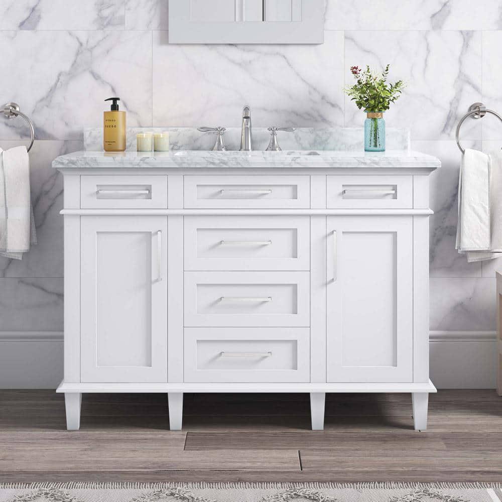 Home Decorators Collection Sonoma 48 in W x 221 in D x 343 in H Freestanding Bath Vanity in White with Carrara Marble Marble Top