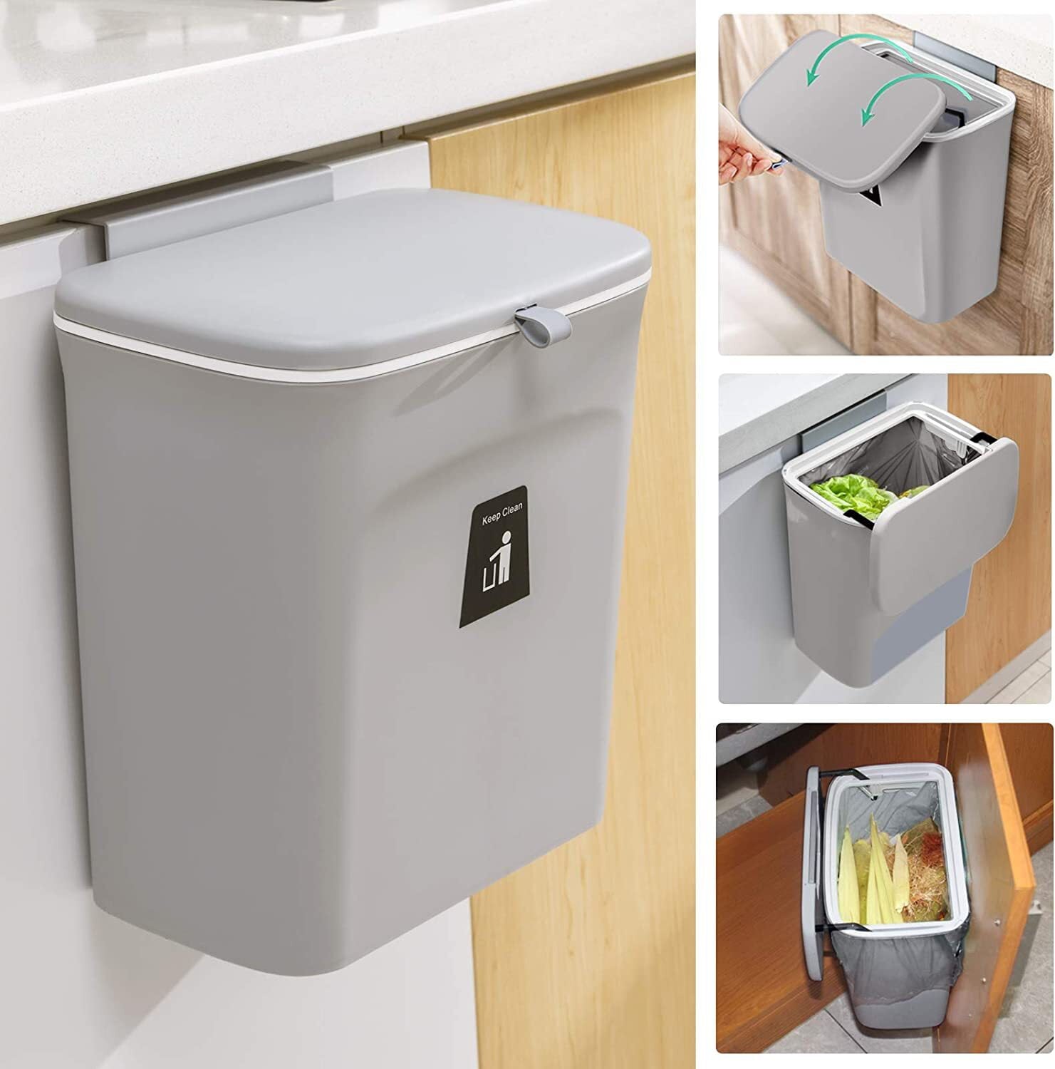 Wattne Trash Can Kitchen Bathroom Trash Can with Lid,2.4 Gallon Small Trash Can,Hanging or Standing Plastic Compost Bin for Cupboard/Bedroom/Office/Camping,Waste Basket,Gray