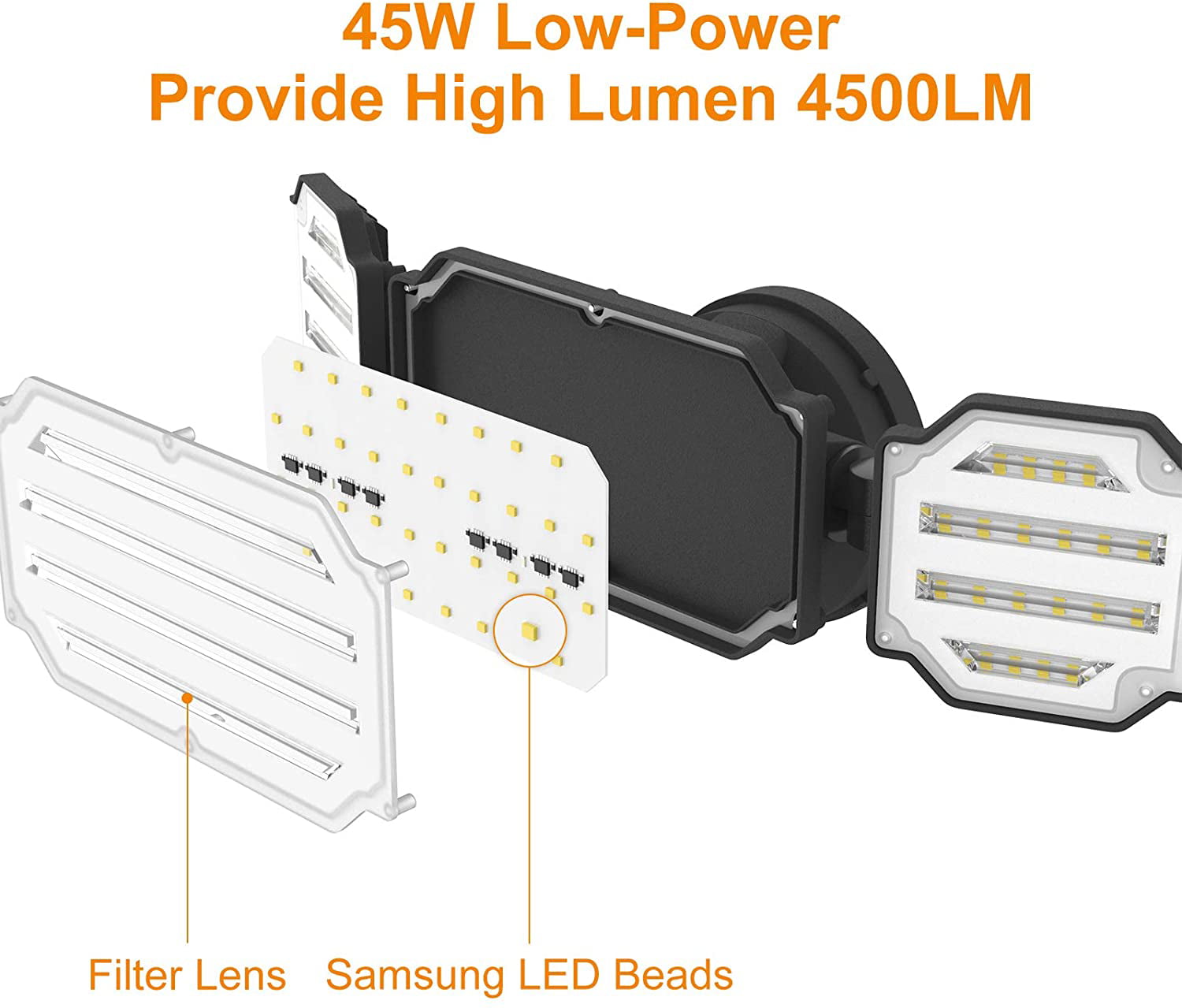 LEPOWER 4500LM LED Flood Light Outdoor， Switch Controlled LED Security Light， 45W Exterior Outdoor Light， 5000K， ETL Certificated， 3 Adjustable Heads IP65 Waterproof for Garage， Yard， Porch， Black