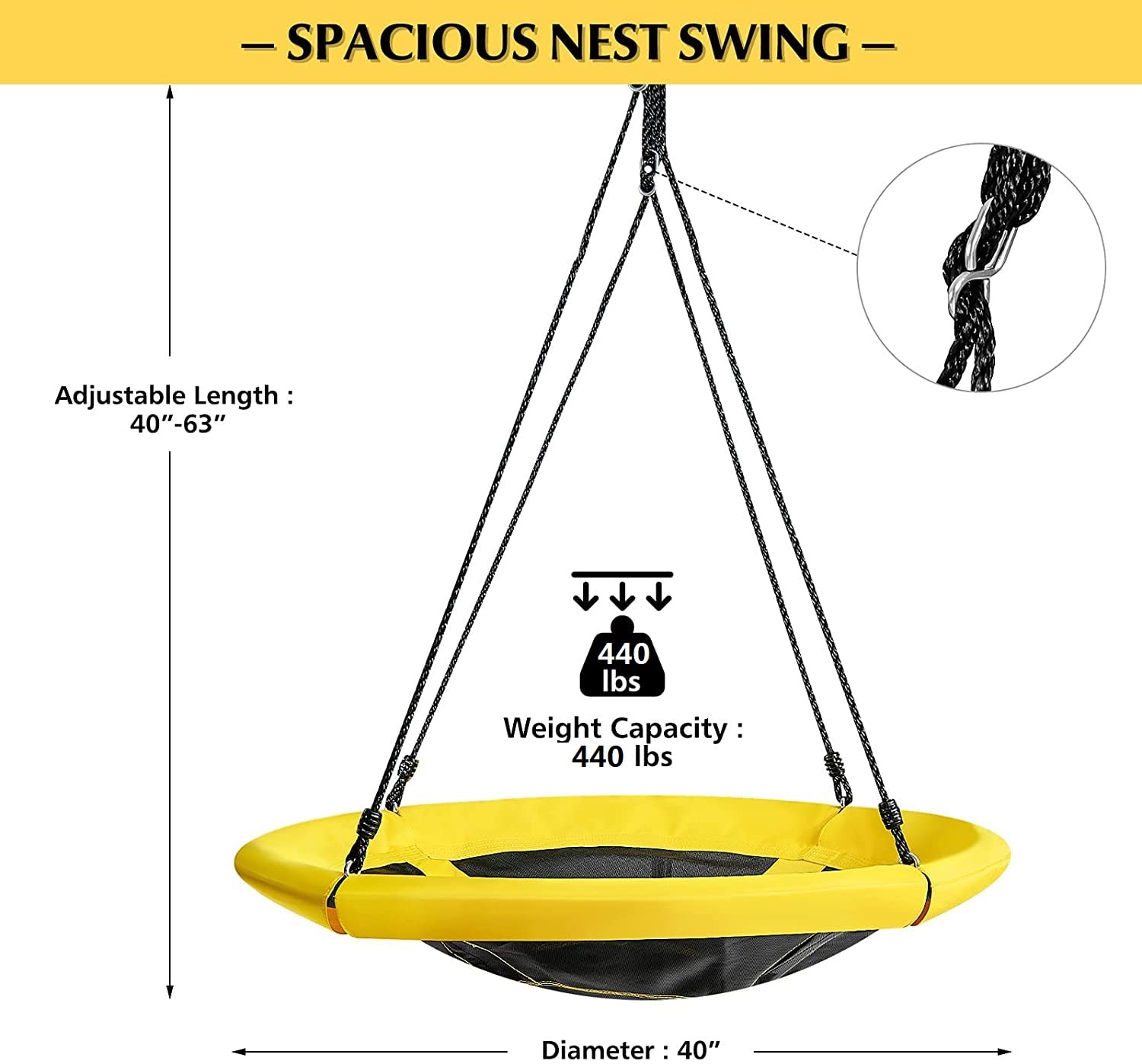 Costzon 40'' Saucer Tree Swing, Round Flying Nest Tree Swing with Oxford Cloth Platform (Yellow)