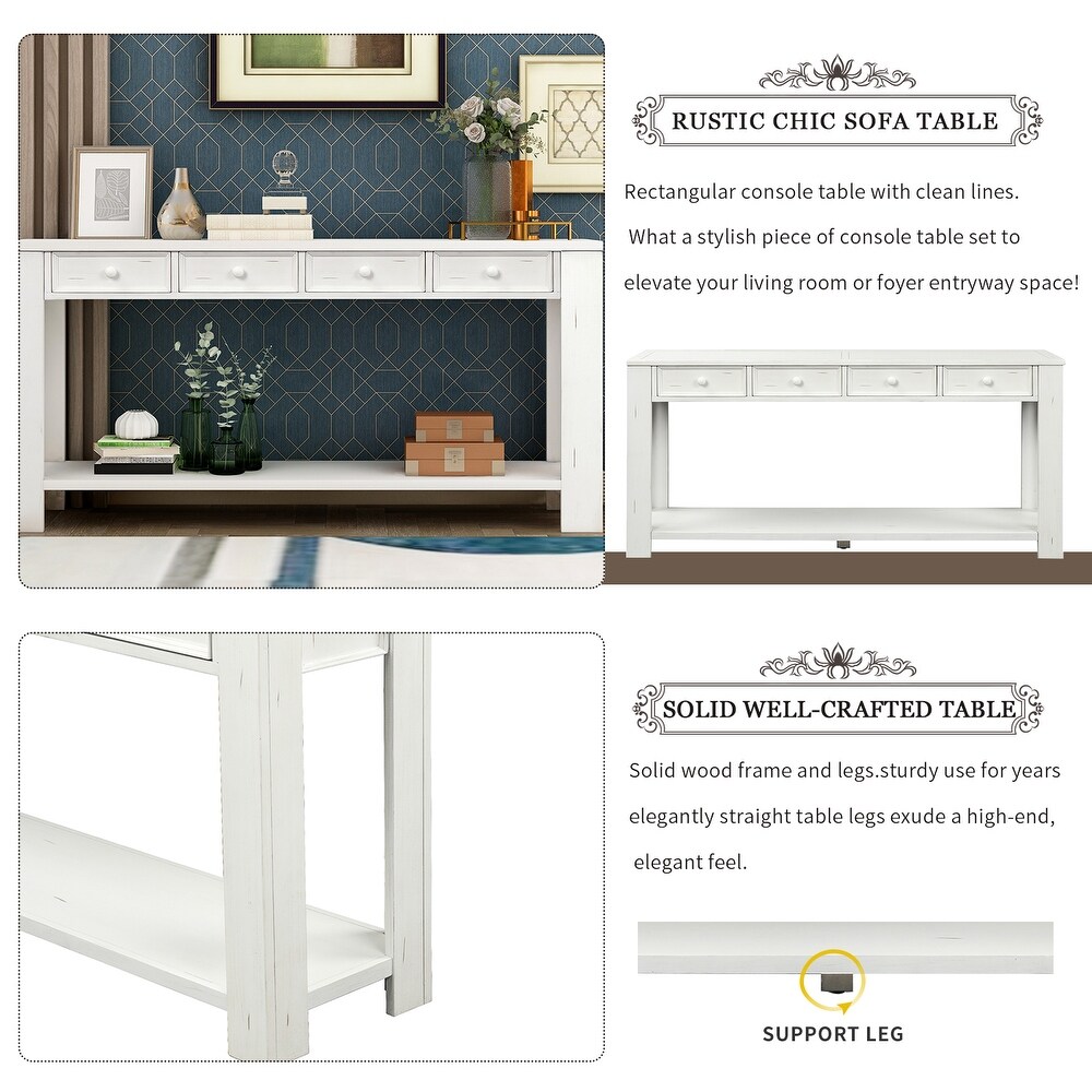 Rectangular Classic Accent Console Table for Entryway Hallway Sofa Table with 4 Storage Drawers and 1 Bottom Shelf