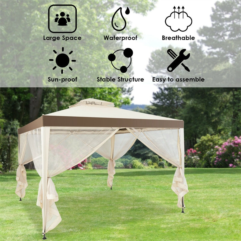 10 x 10 FT Patio Steel Gazebo with Netting, Vented Outdoor Canopy Gazebo Tent for House Party