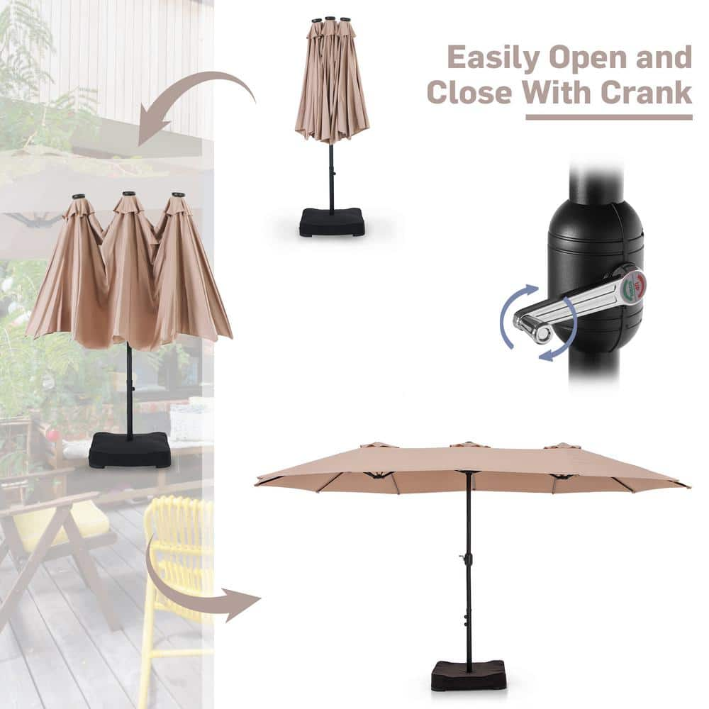 PHI VILLA 15 ft Market Patio Umbrella 2Side in Beige With Base and Sandbags