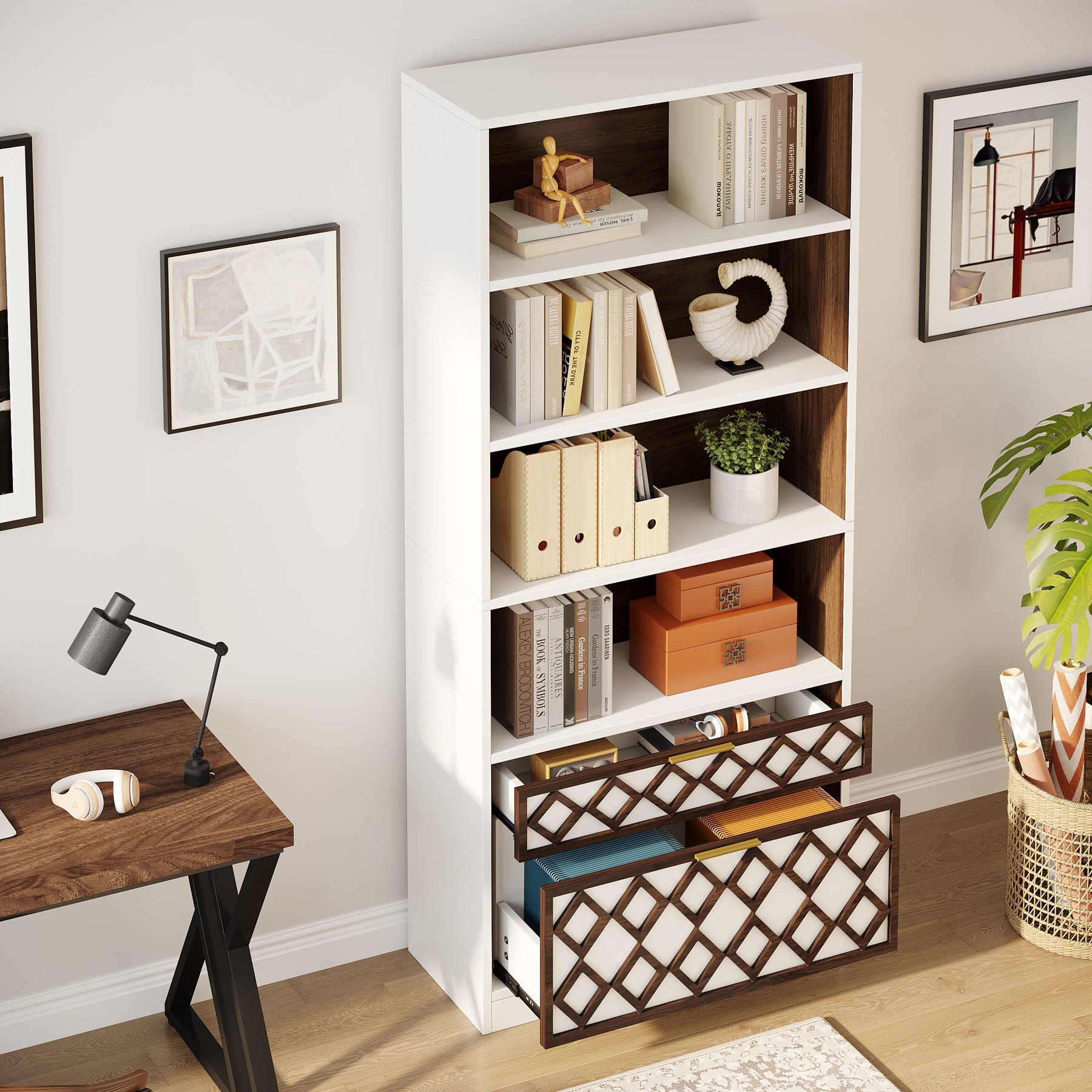 71 Bookshelf, 5-Tier Bookcase with Drawer & File Cabinet