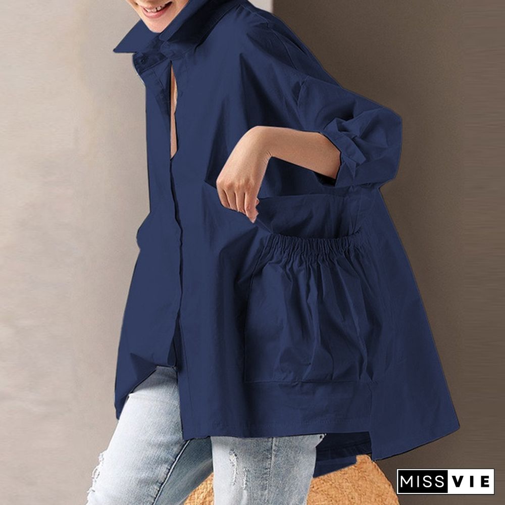 Plus Size Women Casual Baggy Long Sleeved Irregular Hem Tops Lapel Button Up Blouse Shirts With Pockets Blusas Femininas