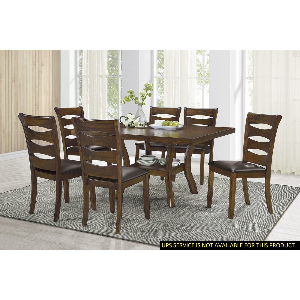 Diningroom 7 Piece Dining Set with Butterfly Leaf Dining Table and Faux Leather Ladder Back Side Chairs   Storage Shelves  Brown