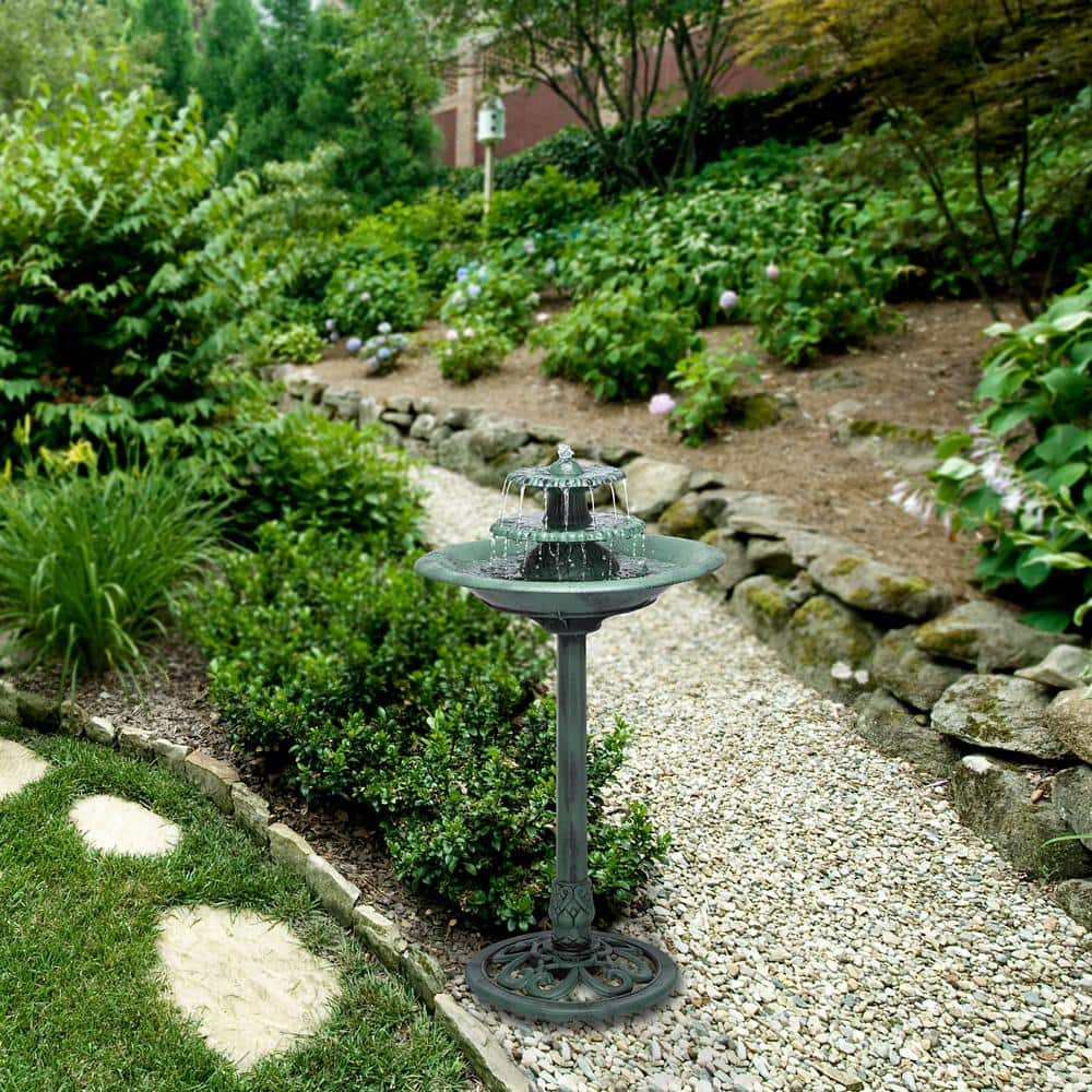 Alpine Corporation 35 in. Tall Outdoor 3-Tiered Pedestal Water Fountain and Birdbath, Green TEC106