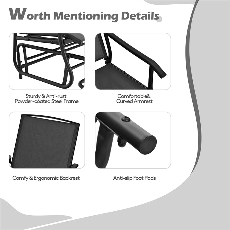 Outdoor 2-Person Rocking Loveseat Patio Bench Glider Chair with Center Tempered Glass Table