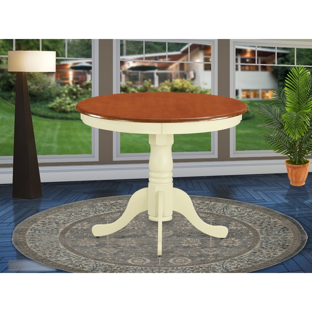 East West Furniture Antique Dining Room Table   a Round Kitchen Table Top with Pedestal Base  36x36 Inch (Finish Options)