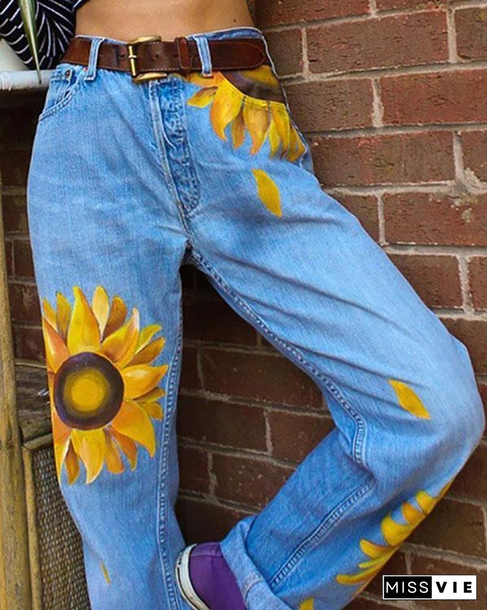 Women's Casual Print Washed Sun Flower Loose Jeans