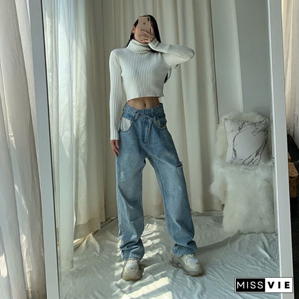 Woman Jeans Ripped High Waist Clothes Wide Leg Denim Clothing Streetwear Vintage Quality Fashion Harajuku Straight Pants