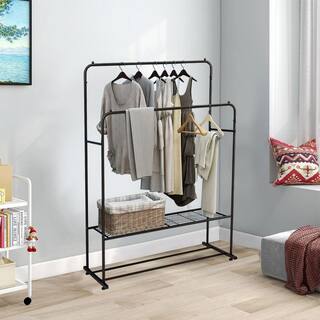 Amucolo Black Freestanding Hanger Double Rods Multi-Functional Bedroom Clothing Rack YeaD-CYD0-F2U