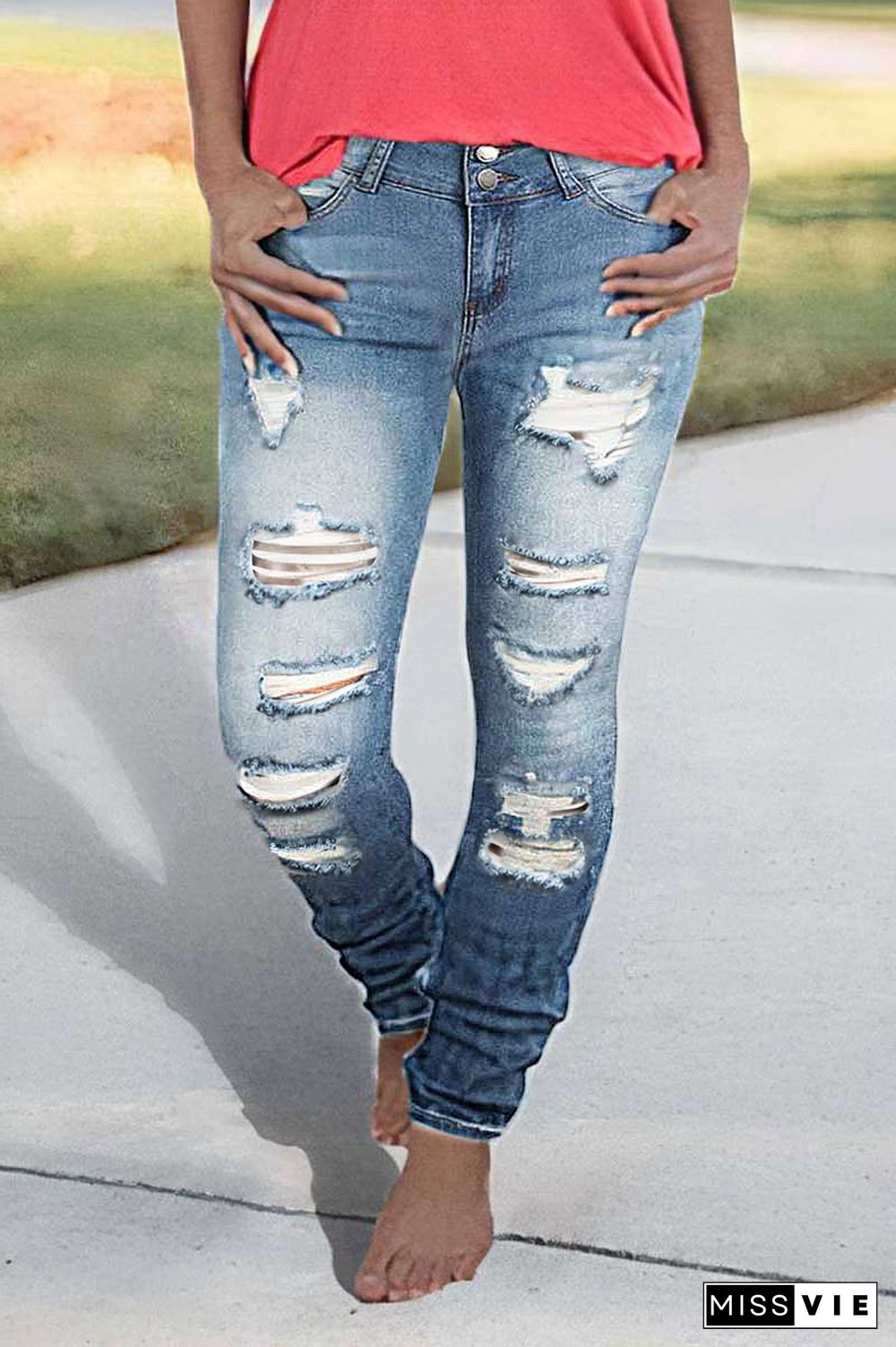 Ladder Ripped Low Rise Skinny Jeans