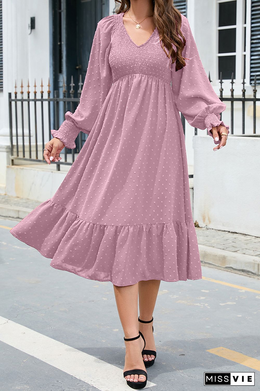 V Neck Smocked Swiss Dot Ruffles Midi Dress