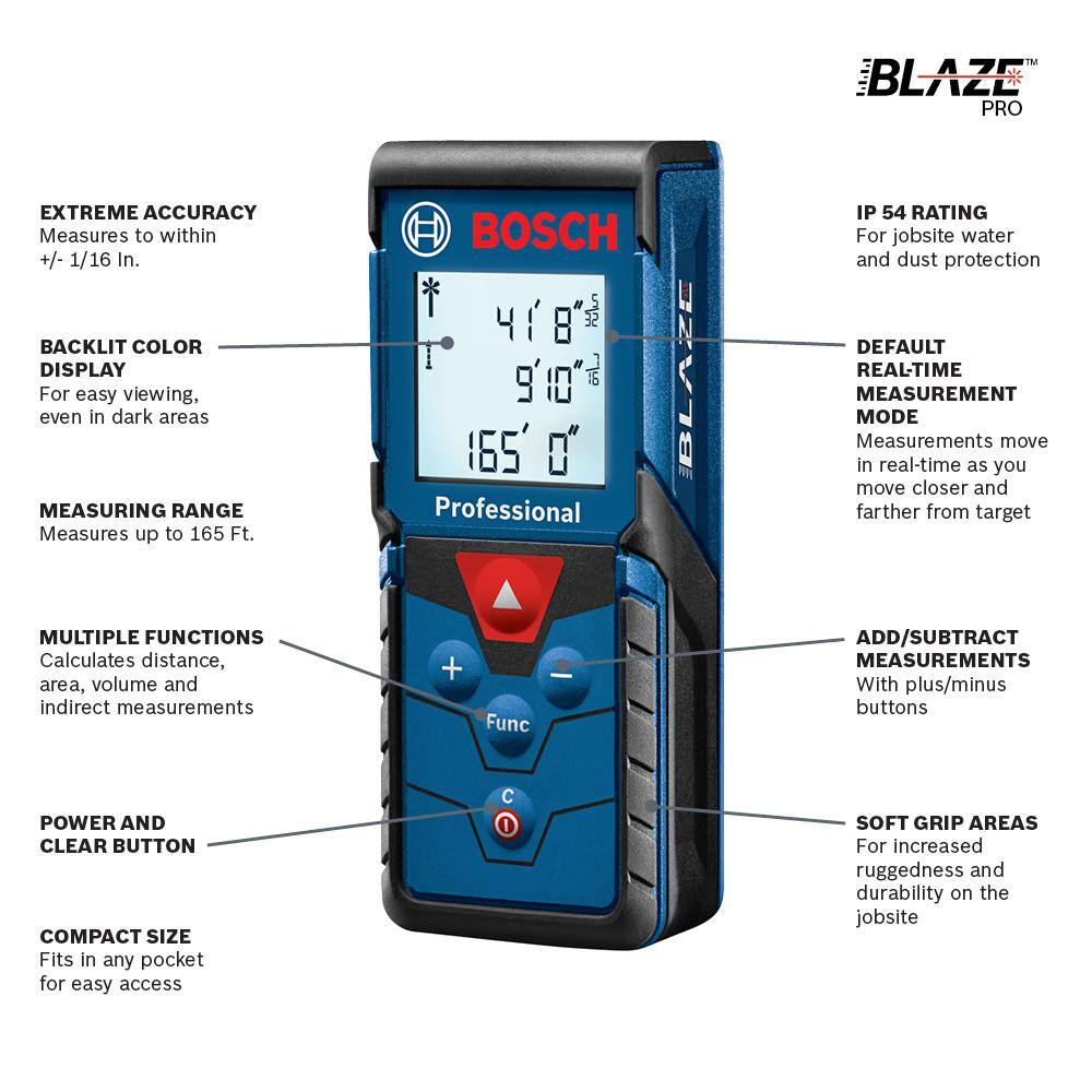 Bosch BLAZE 165 ft. Laser Distance Tape Measuring Tool with Area and Volume GLM165-40