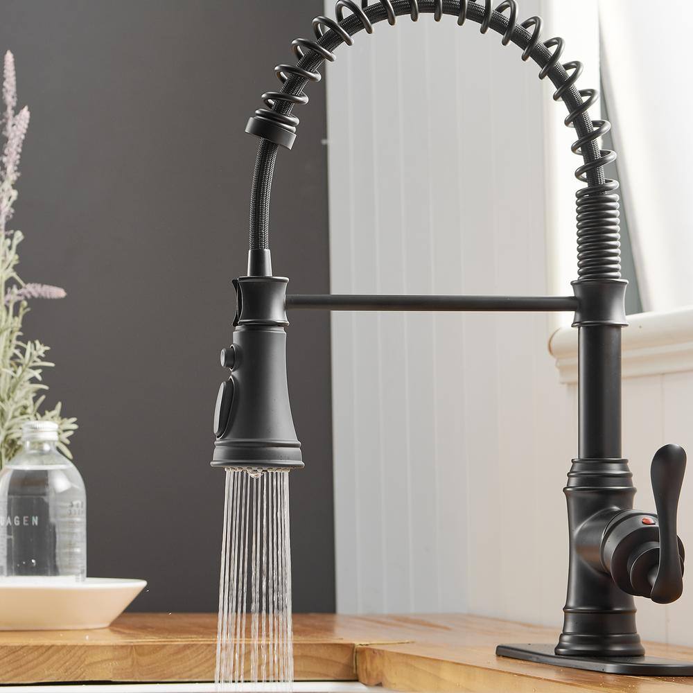 BWE Single-Handle Pull-Down Sprayer 3 Spray High Arc Kitchen Faucet With Deck Plate in Matte Black A-94553-Black