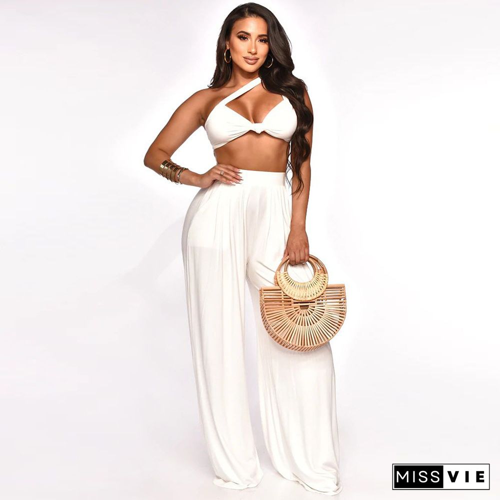 Skew Collar Crop Top Wide Leg Pants Two Piece Set