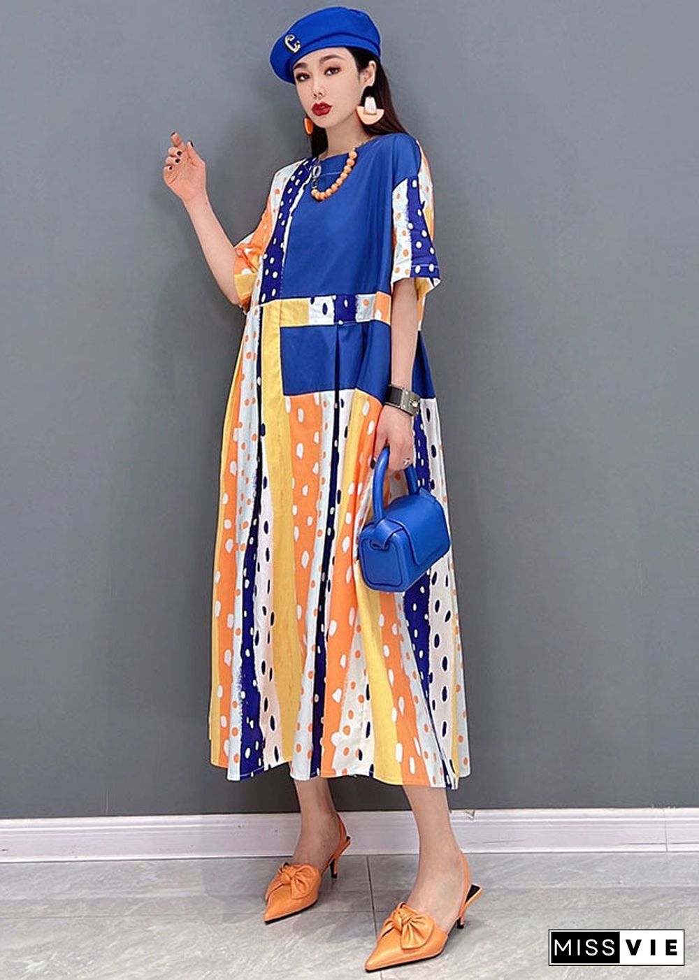 Women Blue Dot Print Patchwork Cotton Pleated Long Dress Short Sleeve