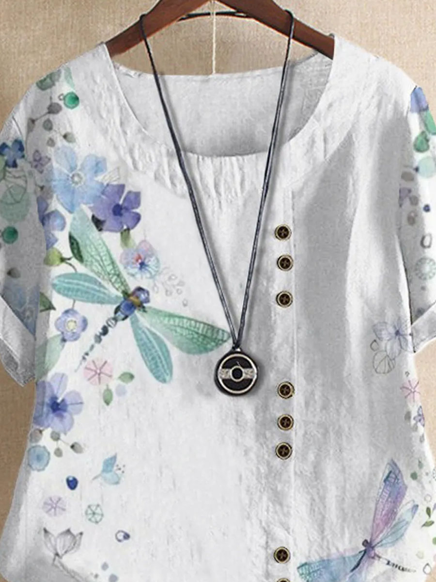 Crew Neck Floral Dragonfly Print Short Sleeve Blouse