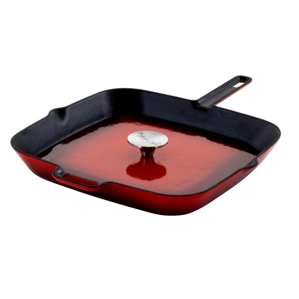 11 Inch Square Enamel Cast Iron Grill Pan with Matching Grill Press in Red with Press   11 in.