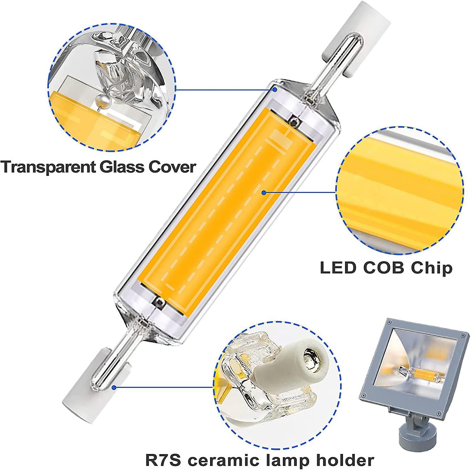 2pcs R7s Led 118mm Warm White 3000k，10w Replace Halogen R7s J118 100w，ac 220v-240v 1000lm 360 Cob 118mm