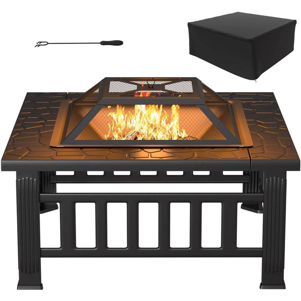 Tozey 32 in. Outdoor Steel Square Fire Pits Patio Multi-Functional Firepit Table with Waterproof Cover for Outside Heating T-FP21SQ320