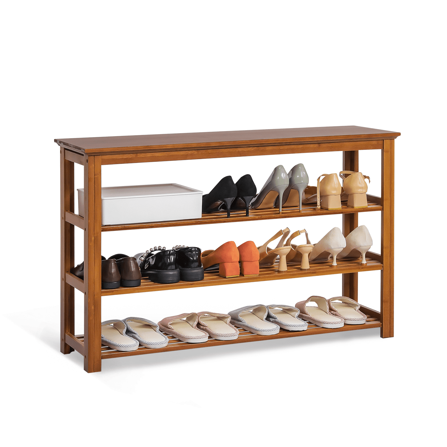 MoNiBloom Bamboo 4 Tiers 12 Pairs Shoes Rack， Organizer Stand， Large Surface for Bags， Brown， for Entryway