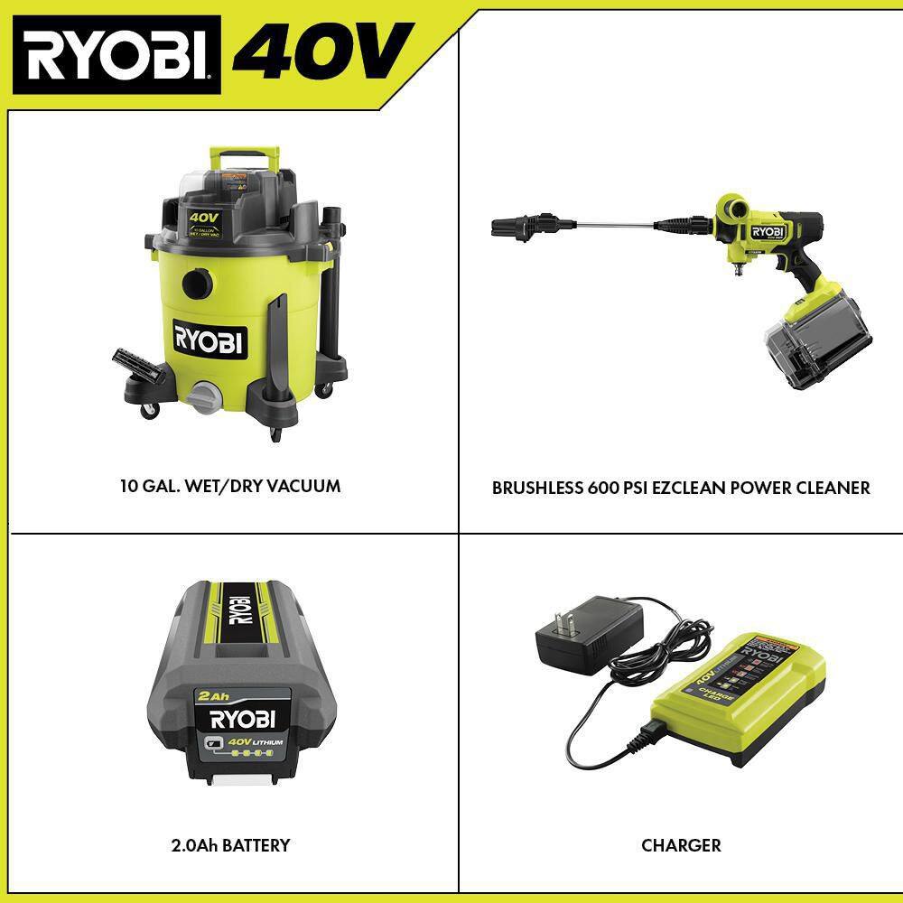 RYOBI 40V 10 Gal. Cordless WetDry Vacuum with 40V HP Brushless EZClean 600 PSI Power Cleaner 2.0 Ah Battery and Charger RY40WD01B-RY124052KVNM