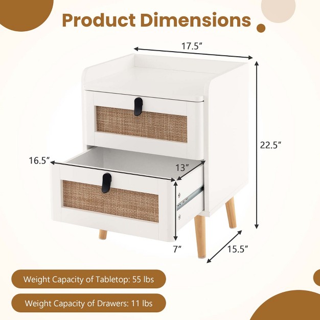 Costway Modern Nightstand End Bedside Table With 2 Rattan Drawers amp Solid Wood Legs White