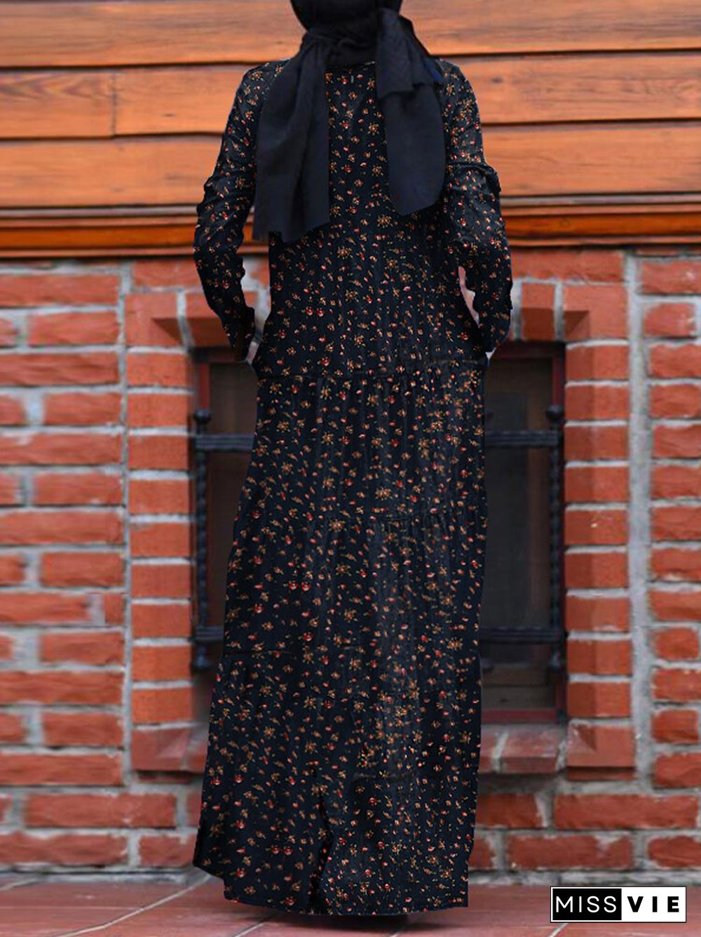 Floral Print Pocket Long Sleeve Casual Maxi Dress For Women