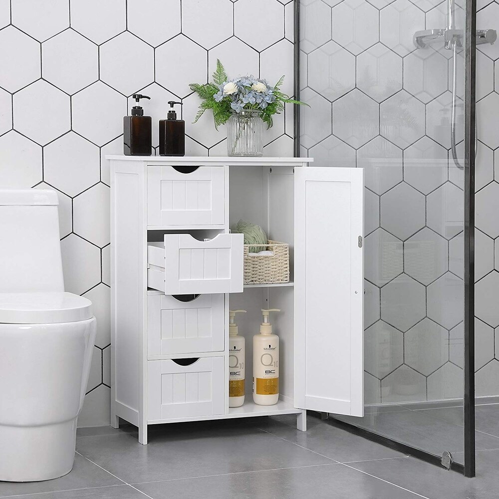 White Bathroom Storage Cabinet  Floor Cabinet with Adjustable Shelf and Drawers