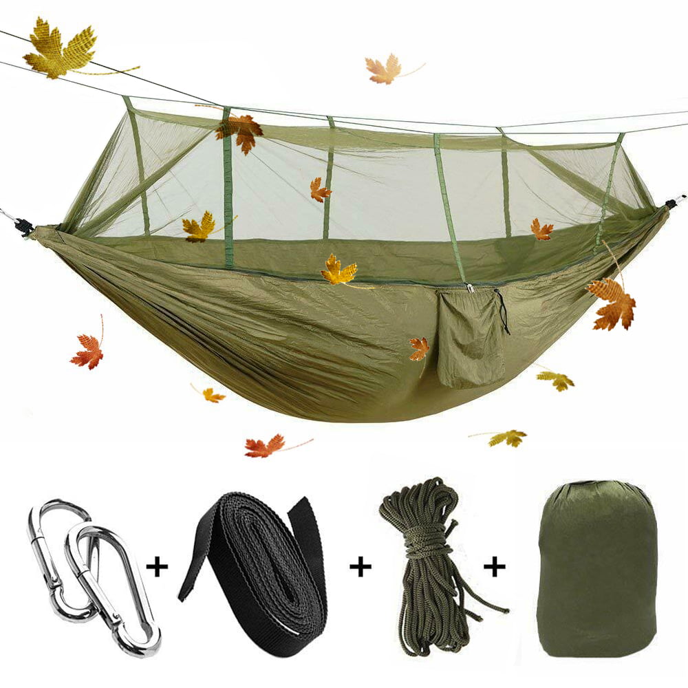 IClover Portable 2 Persons Outdoor Camping Jungle with Mosquito Net Garden Hanging Nylon Bed Hammock Swing Bug Net Cot for Relaxation, Traveling, Outside Leisure Green