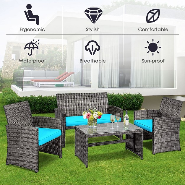 Costway 4pcs Patio Rattan Furniture Set Conversation Glass Table Top Cushioned Turquoise red