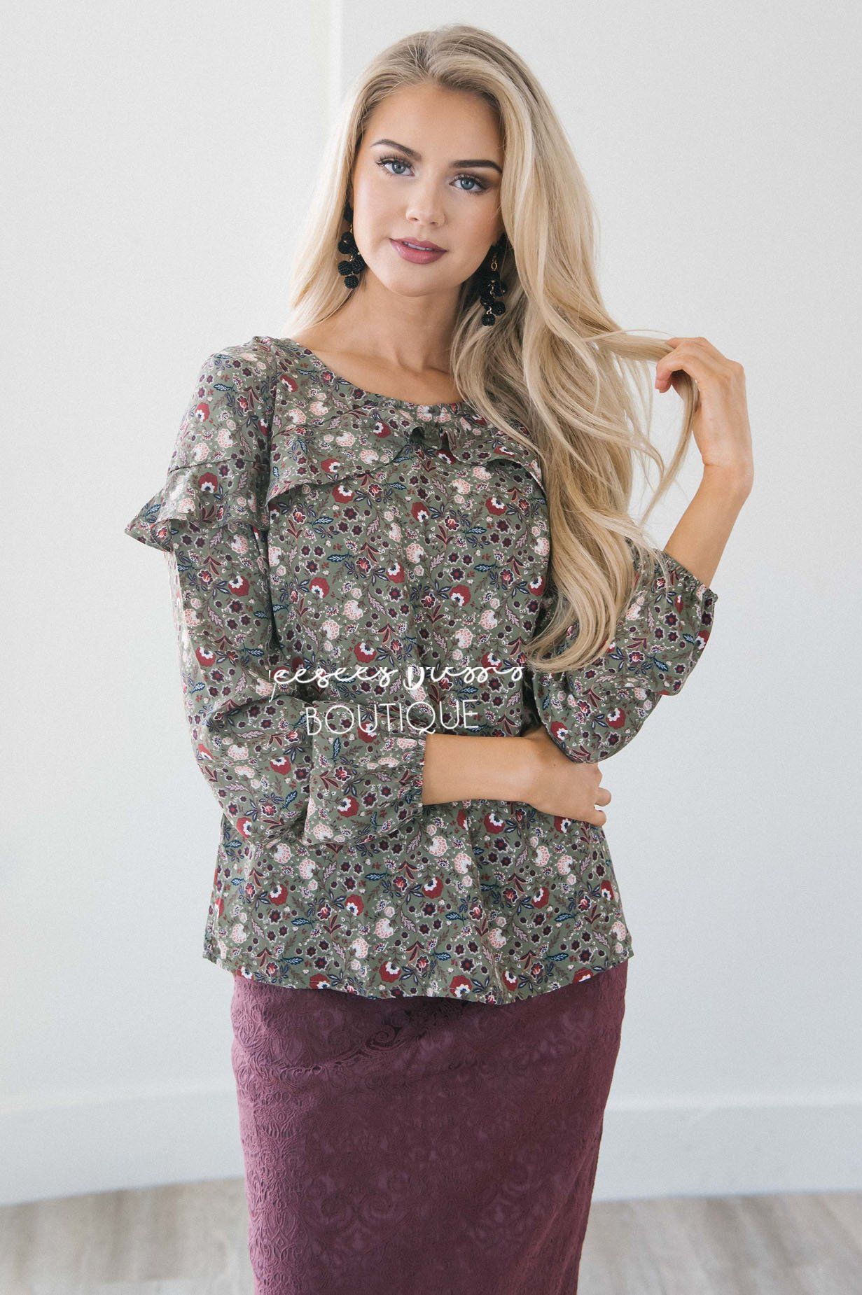 Fall Floral Long Sleeve Ruffle Blouse