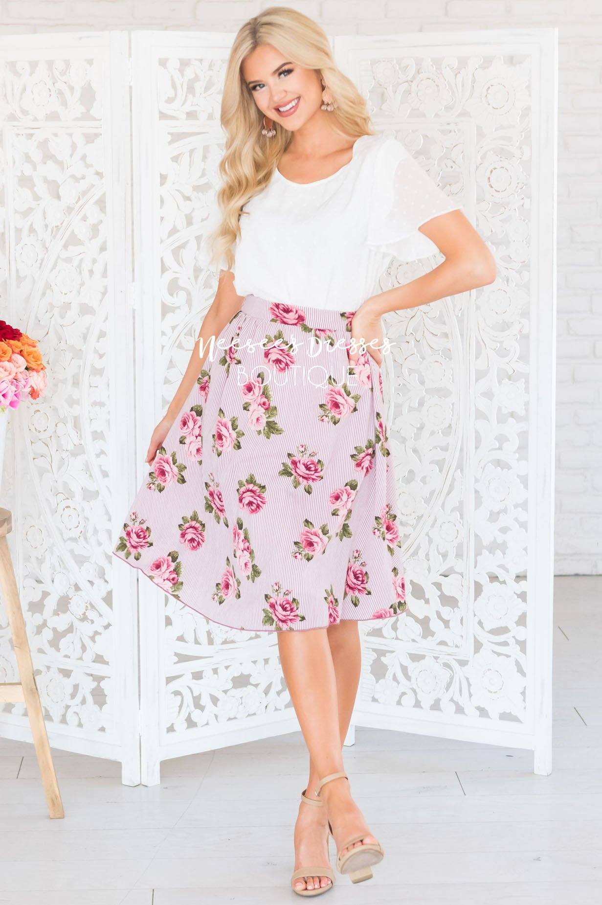 Pretty Pink Striped Floral Skirt